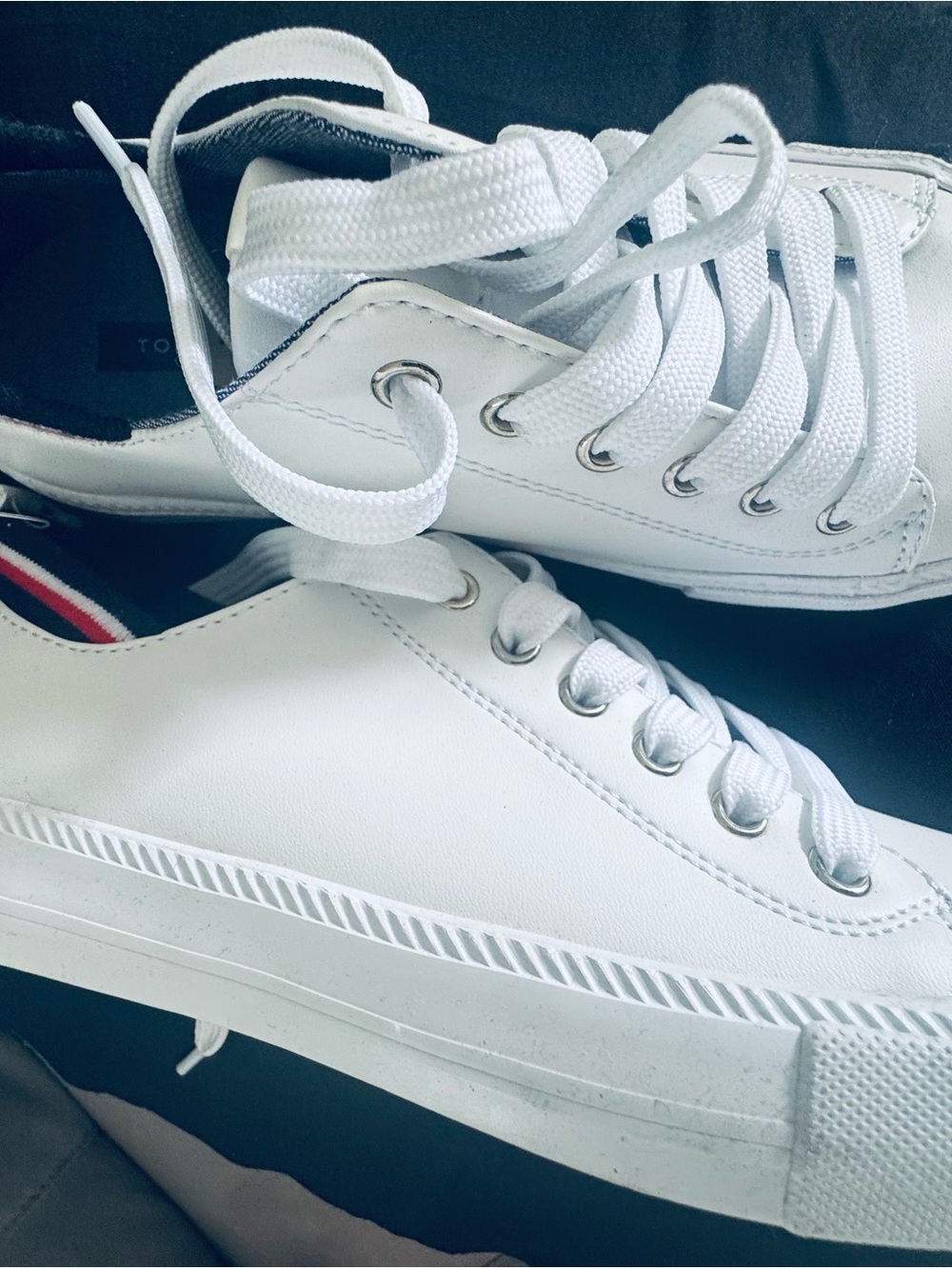 Kids White Sneakers with Red & Navy Stripe Detail and Gold Logo